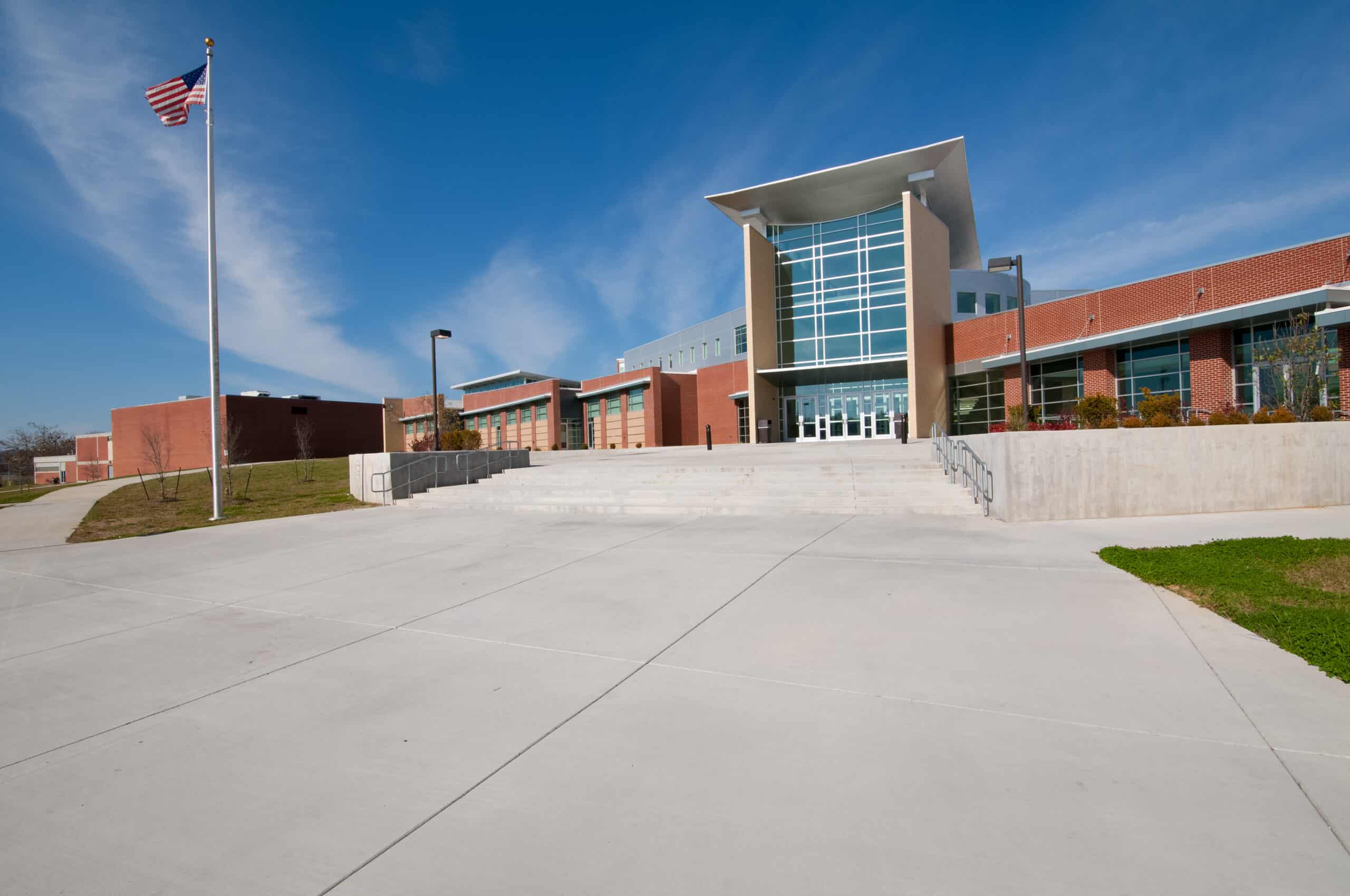 School Building Or Business Building With American Flag